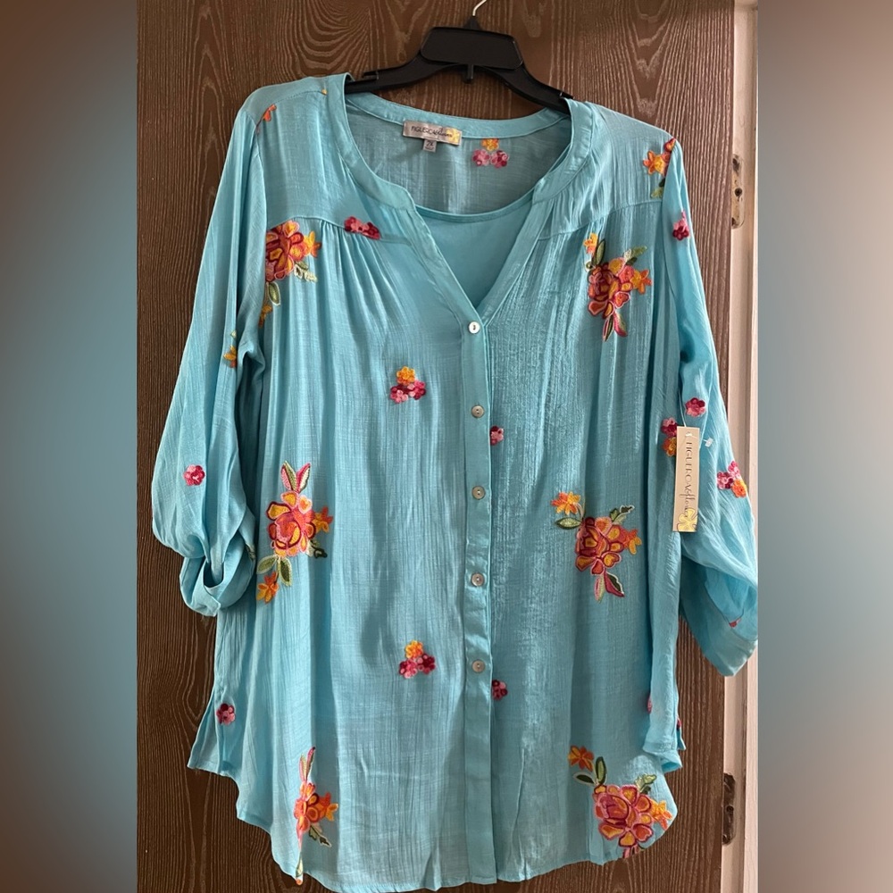 Umgee Aqua Floral Button-Down Blouse